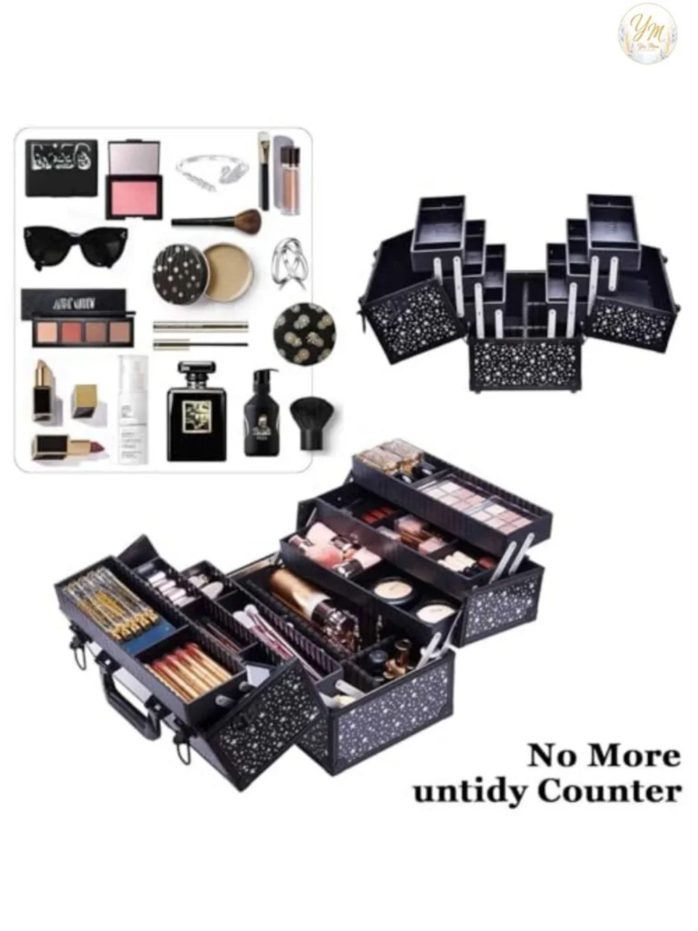 Large Train Case Makeup Organizer with 6 Adjustable Trays, Aluminum Frame, Lock
